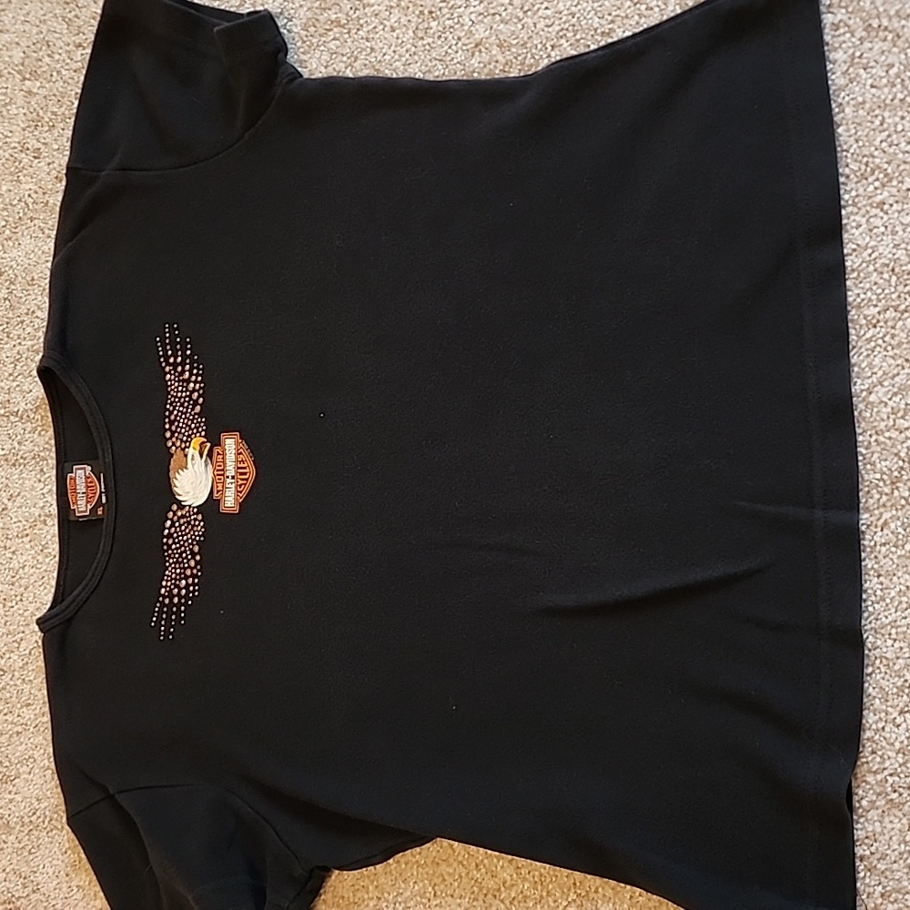 Harley-Davidson Womens SS Black Tshirt With Shiny Metal Wings, Size XL